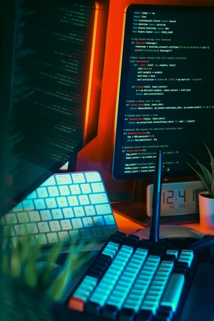 A stylish programmer's workspace featuring illuminated keyboards and multiple screens displaying code.