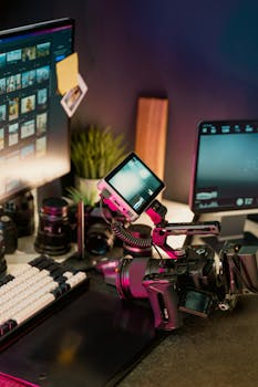 A creative video editing studio featuring camera and dual monitors for multimedia production.